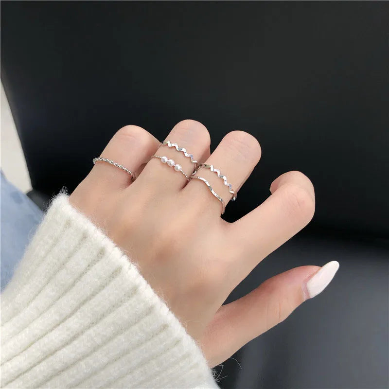 5pcs/set Women Rings Set New Boho Style Wave Shape Rings Gold Color Metal Open Rings Imitation Pearls Fingers Accessories