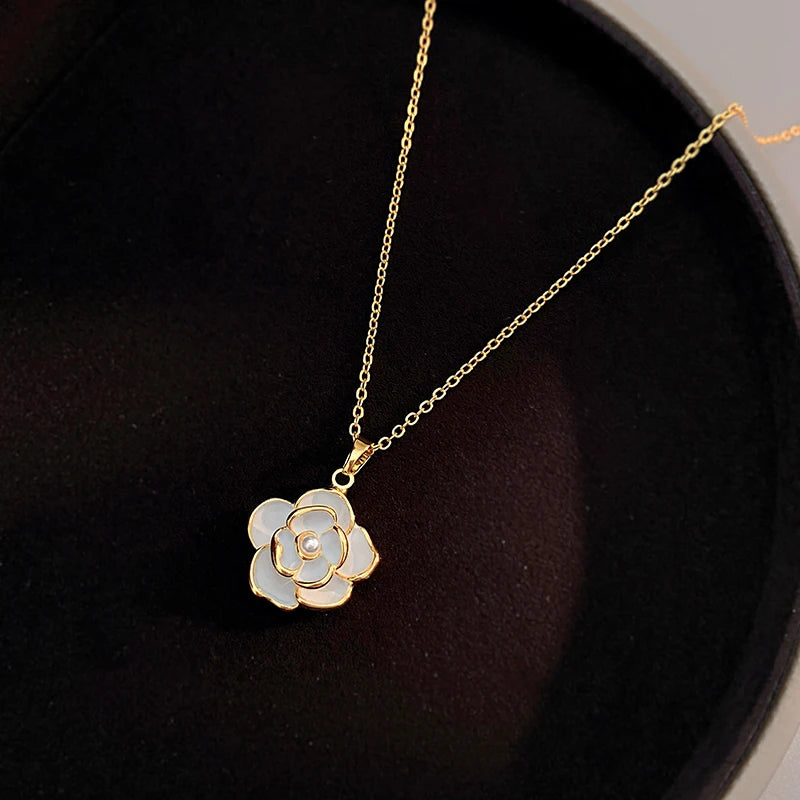 French Romantic Elegant White Enamel Camellia Flower Pendant Necklace 2023 Women's Fashion Jewelry Luxury Accessories For Girls