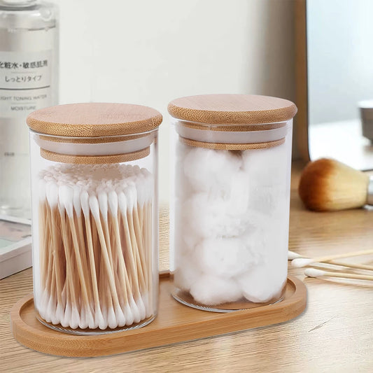 2Pcs Cotton Swab Holder with Bamboo Lid Tray 10 Oz Acrylic Qtip Holder Dispenser Jars for Bathroom Accessories Storage Organize