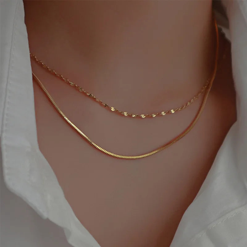 Summer new double layer stainless steel necklace women's simple fashion petal chain necklace design jewelry gift