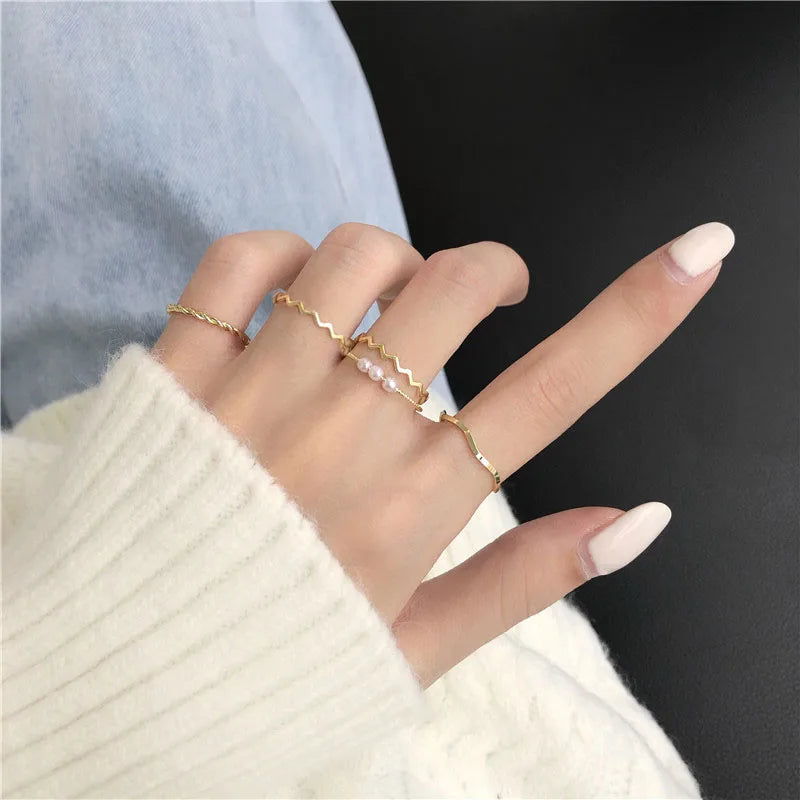 5pcs/set Women Rings Set New Boho Style Wave Shape Rings Gold Color Metal Open Rings Imitation Pearls Fingers Accessories