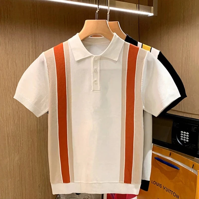 High Quality Knit Slim Polo Shirt Mens Vintage Striped Embroidery Knitted Tops Summer Casual Turn-down Collar Short Sleeve Polo