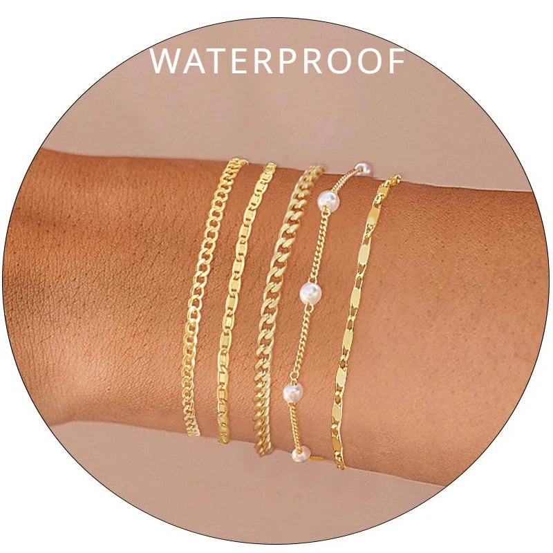 14K Gold Plated Stainless Steel WATERPROOF Layering Bracelet for Women Teen Girls, Dainty Summer Beach Boho Beaded Bracelet Set