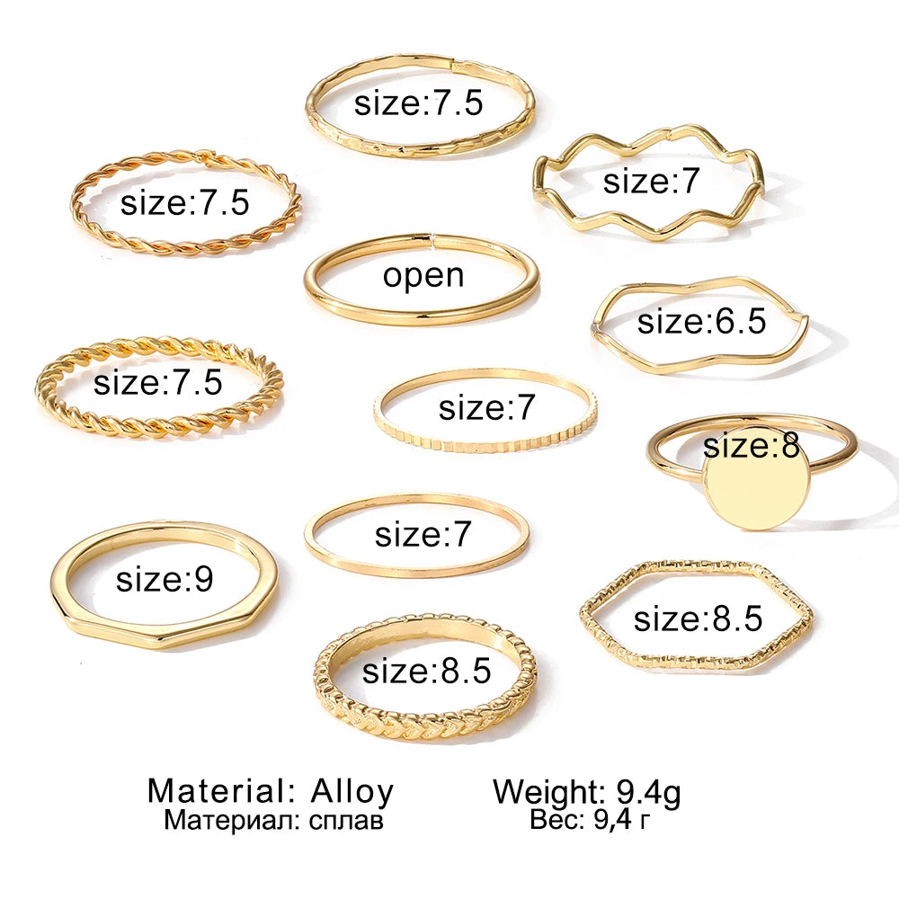 EN Simple Fashion Female Gold Color Rings Set for Women Girls Accessories 2023 Trend Round Shape Metal Wave Joint Ring Gifts