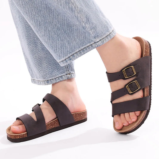 Shevalues Classic Flat Sandals Women Summer Cork Footbed Slippers Fashion Beach Sandals Open Toe House Slides Evening Sandals