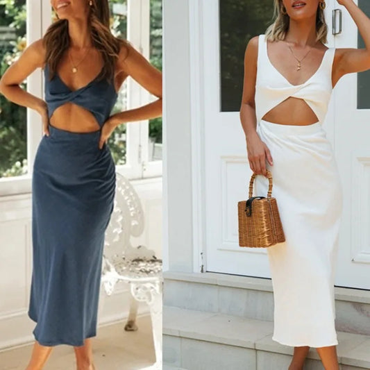 Hot Sale New V-neck Women Long Skirt Fashion Cutout Sleeveless Slim Dresses Latest Trendy Streetwear Solid Color Mid-calf Dress