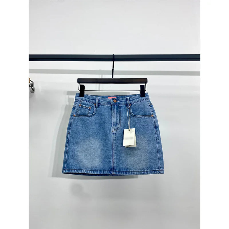 Women Blue Denim Skirt Zipper Fly Fashion All-Match High Waist Casual Mini Jupe