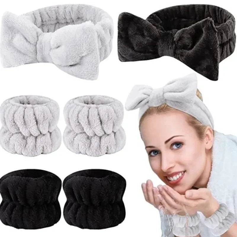 3Pcs Washing Face Skin Care Headband Wristbands Set Bow Microfiber Puffy Scrunchies Spa Makeup Shower Skincare Fashion Hairband