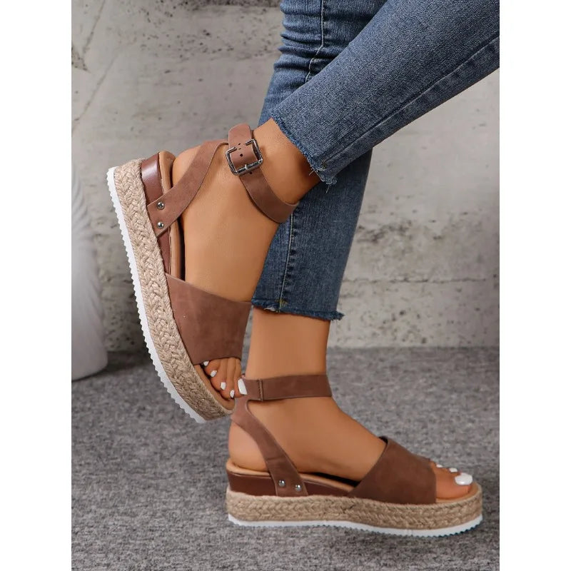 Hemp Rope Slope Heel Sandals Casual Sandal Open Toe Buckle Ankle Strap Espadrilles Flatform Wedge Women Thick  Beach slides