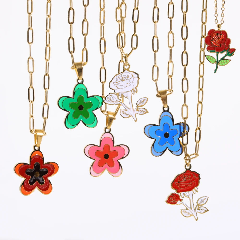 Vintage Flowers Pendant Necklace Stainless Steel Enamel Rose Chain Charm Simple Necklace Women's Accessories Valentine's Day