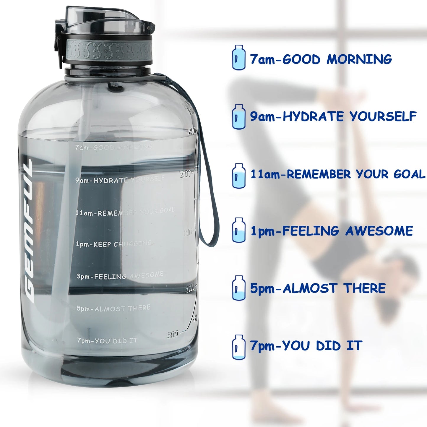 3 Liter Large Water Bottle BPA Free 3l Big Motivational  3000ml Drinking Jug with Straw and Time Marker for Sport, Travel, Gym