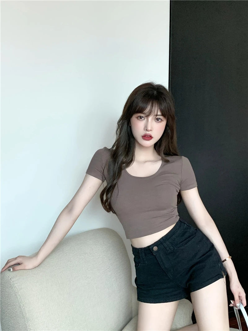 Korean Fashion Summer Fashion Y2K T-shirt Woman Short Sleeve Crop Top Women Sexy Skinny Tee Shirt Femme Solid V-neck Clothes