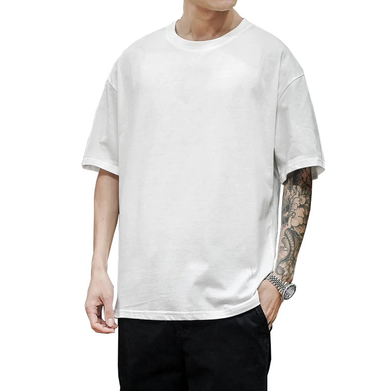 Summer Men's Heavy T Shirt Casual Solid Short Sleeve Basic Tee Women 100% Cotton 260gsm 9.17oz Oversized O Neck Hip-Hop Tops