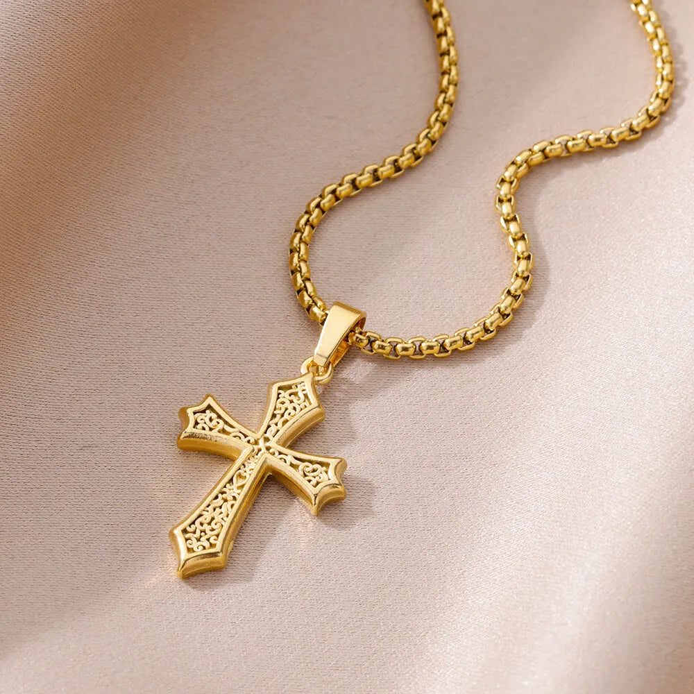 Gold Color Pendant Necklace for Women 316L Stainless Steel Jewelry Aesthetic Accessorie Wave Cross Goddess Necklace