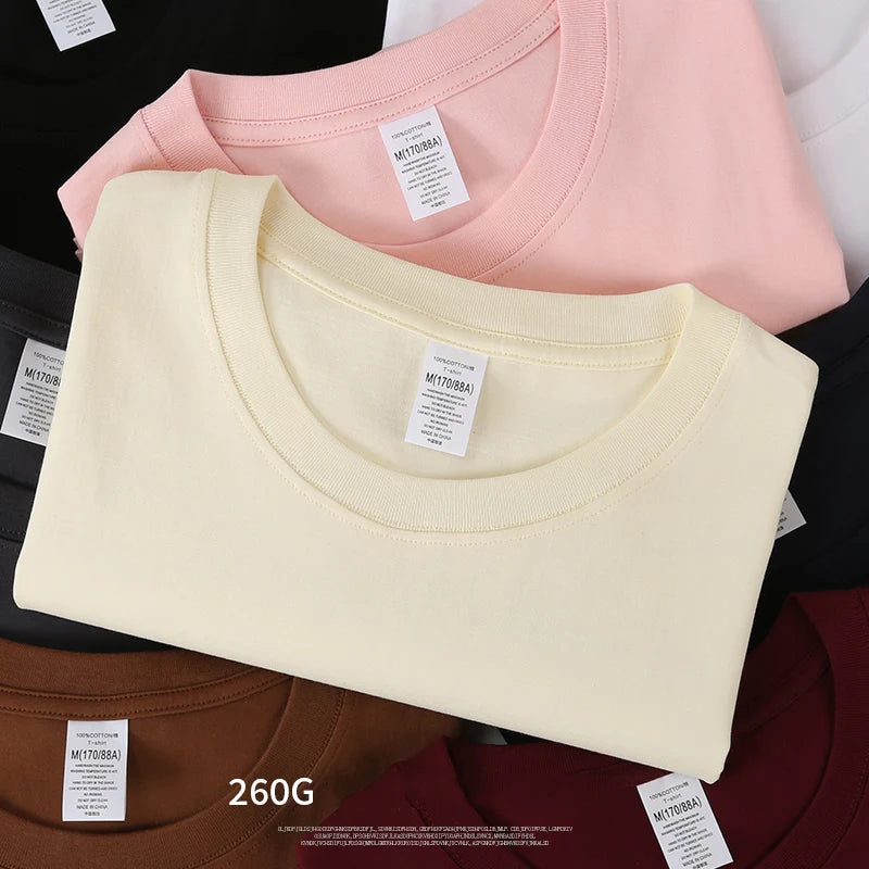 Summer Men's Heavy T Shirt Casual Solid Short Sleeve Basic Tee Women 100% Cotton 260gsm 9.17oz Oversized O Neck Hip-Hop Tops