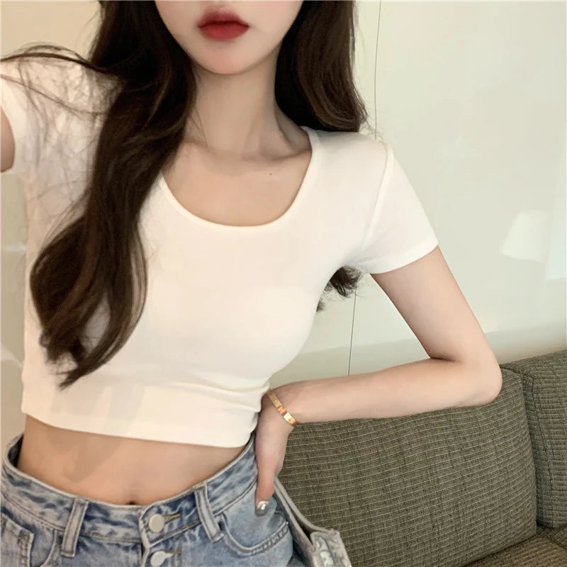 Korean Fashion Summer Fashion Y2K T-shirt Woman Short Sleeve Crop Top Women Sexy Skinny Tee Shirt Femme Solid V-neck Clothes