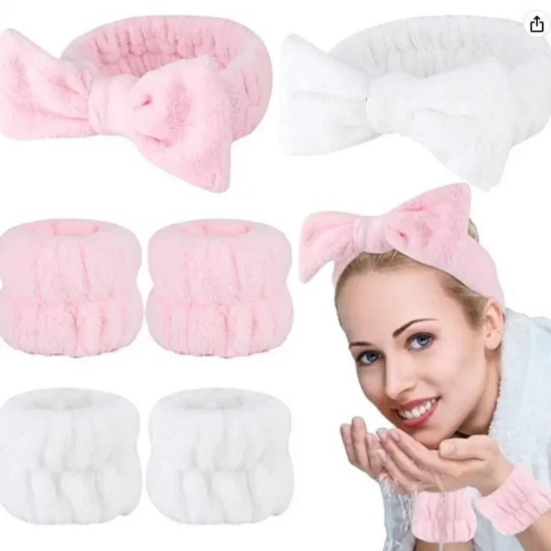 3Pcs Washing Face Skin Care Headband Wristbands Set Bow Microfiber Puffy Scrunchies Spa Makeup Shower Skincare Fashion Hairband